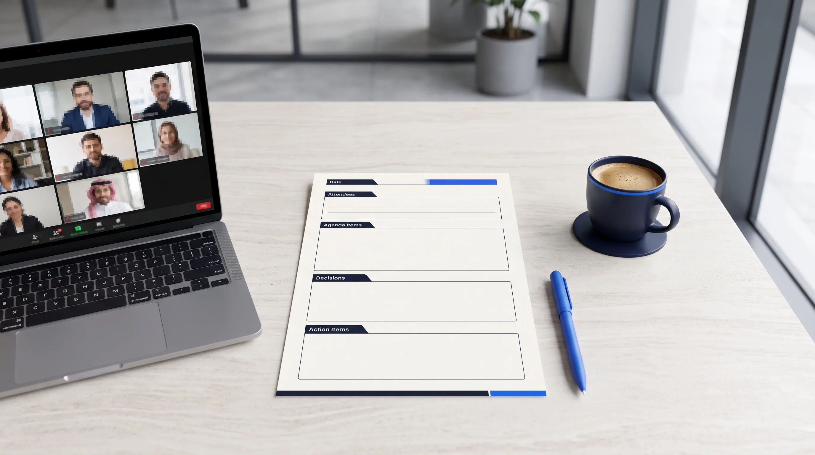 How to do meeting minutes: a structured meeting-minutes template with sections for decisions and action items on a desk beside a video meeting