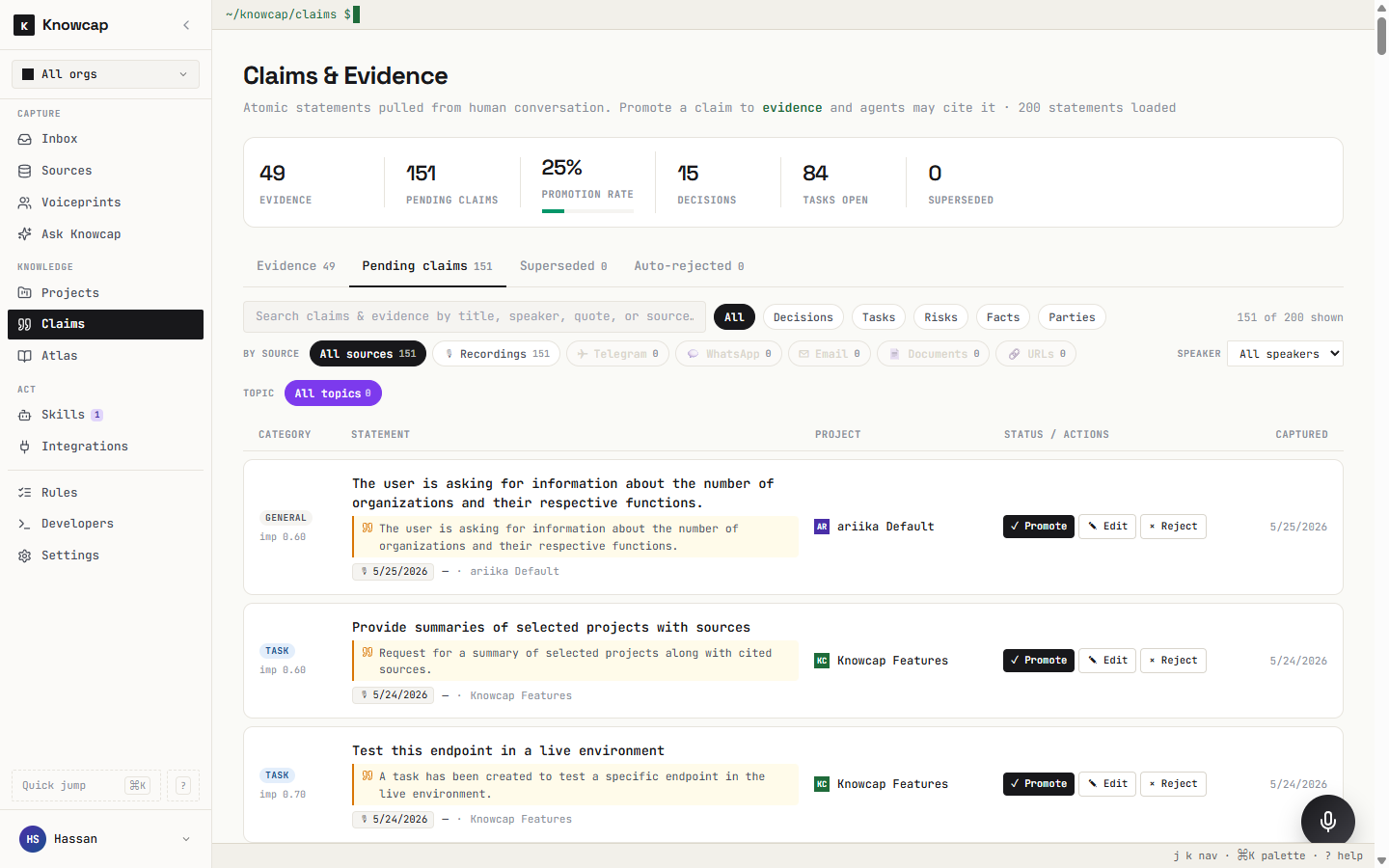 The exact moment a claim is promoted to evidence — the trigger that turns a meeting into an Odoo PR